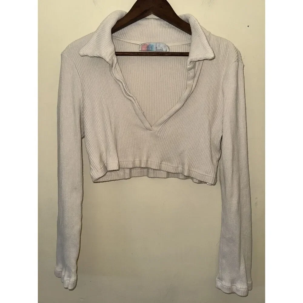 Free People FP Beach Cream Ribbed Cropped Collared Plunge Long Sleeve Top M